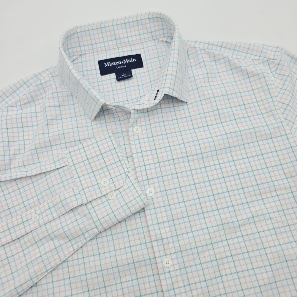 Mizzen+Main Leeward Trim Fit Shirt L White Blue Pink Tattersall Check Stretch